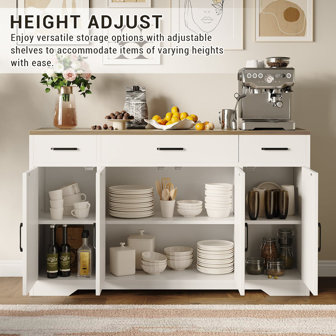 Buffet moderne Garvee avec 3 tiroirs, style campagnard, 140 cm, blanc, pour salon et salle à manger