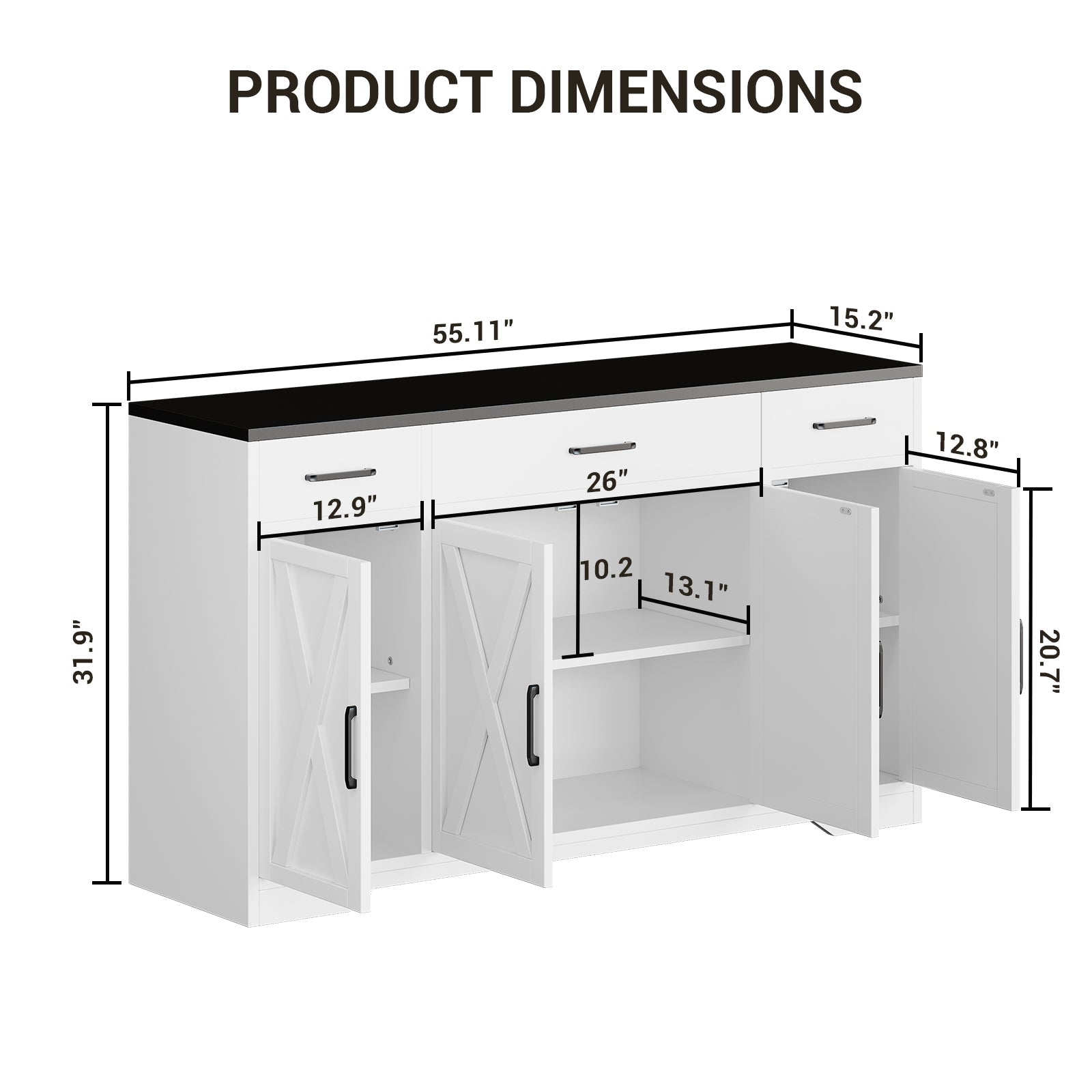 Buffet moderne Garvee avec 3 tiroirs pour salon et salle à manger, 140 cm, bois blanc, poignées noires