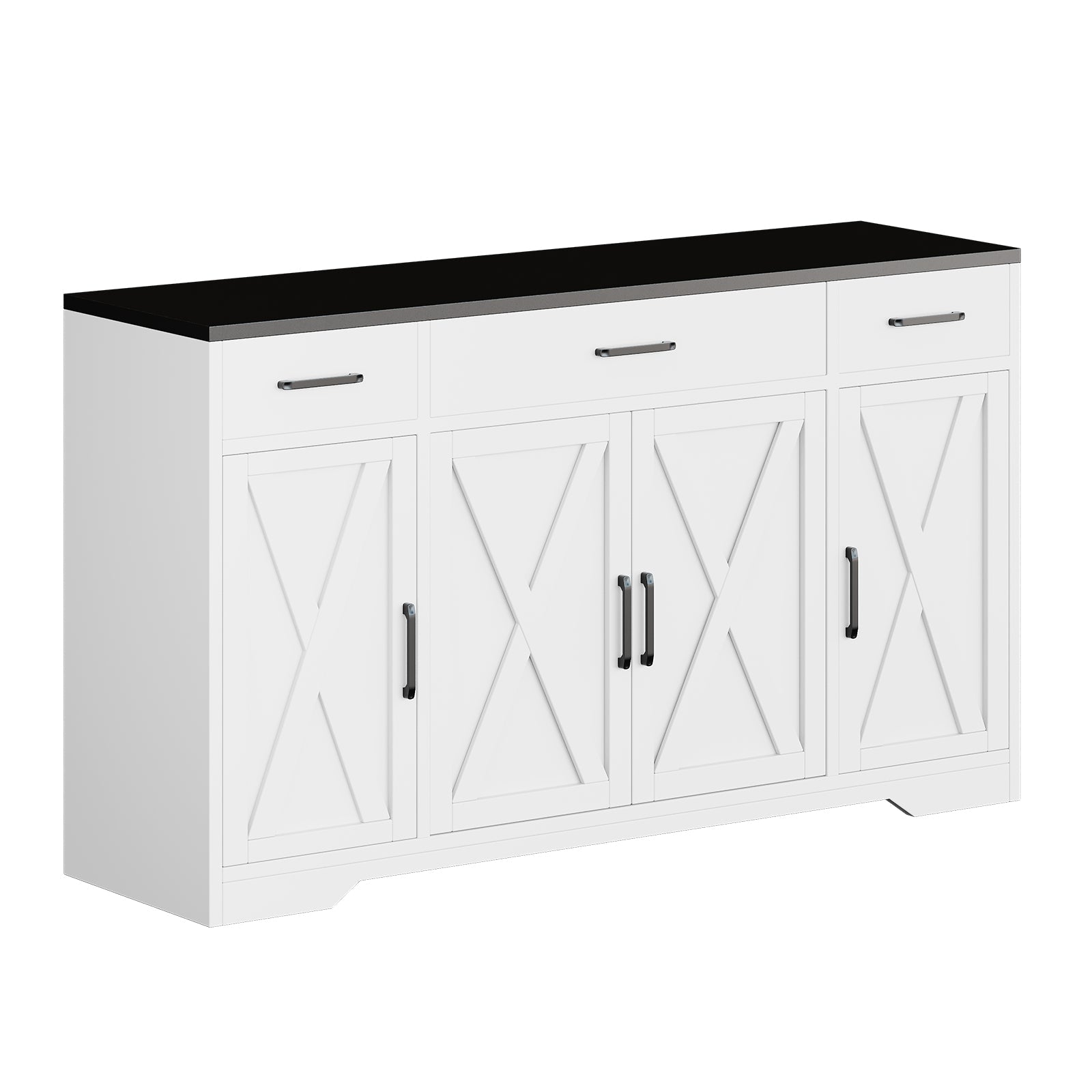 Buffet moderne Garvee avec 3 tiroirs pour salon et salle à manger, 140 cm, bois blanc, poignées noires