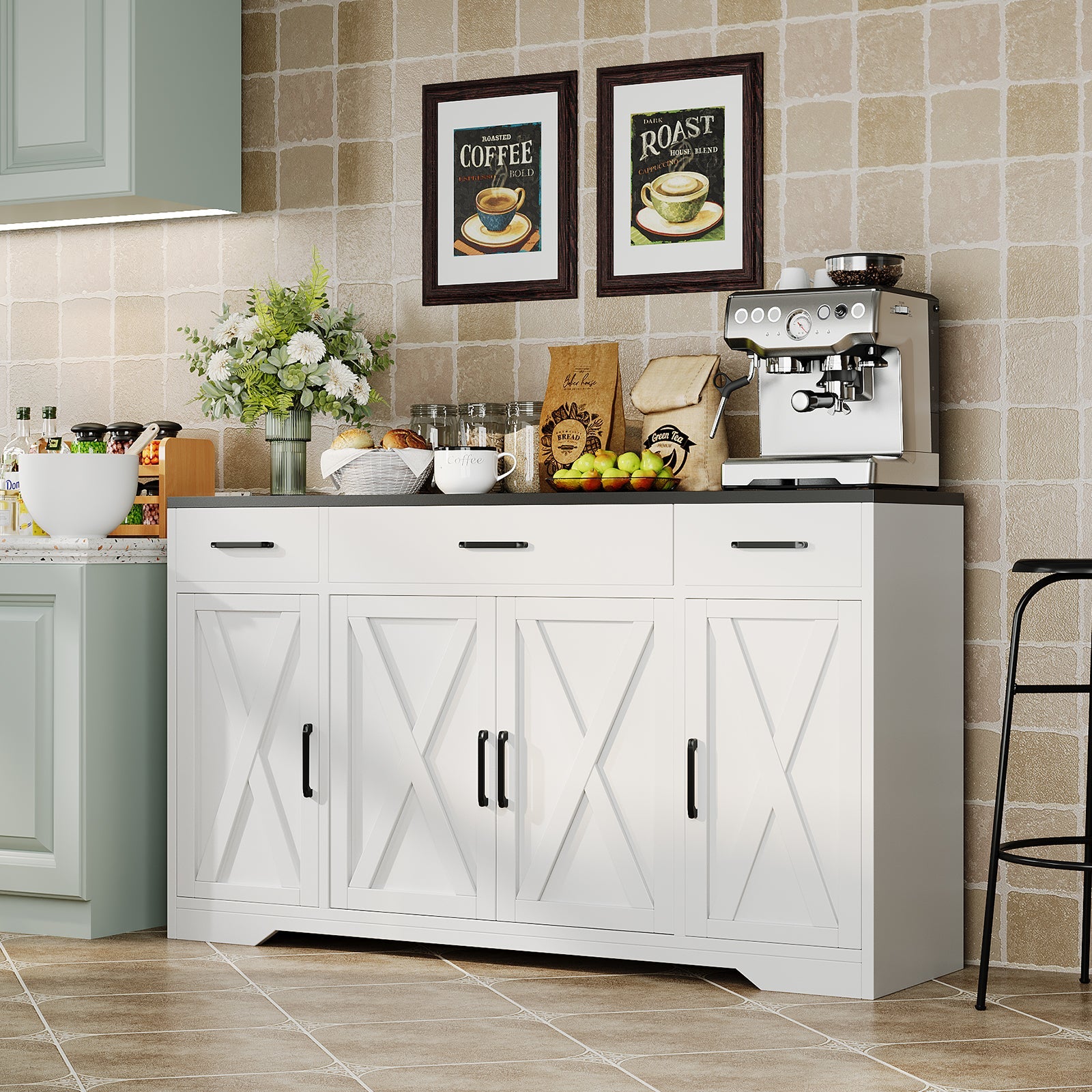 Buffet moderne Garvee avec 3 tiroirs pour salon et salle à manger, 140 cm, bois blanc, poignées noires