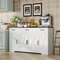 Buffet moderne Garvee avec 3 tiroirs pour salon et salle à manger, 140 cm, bois blanc, poignées noires