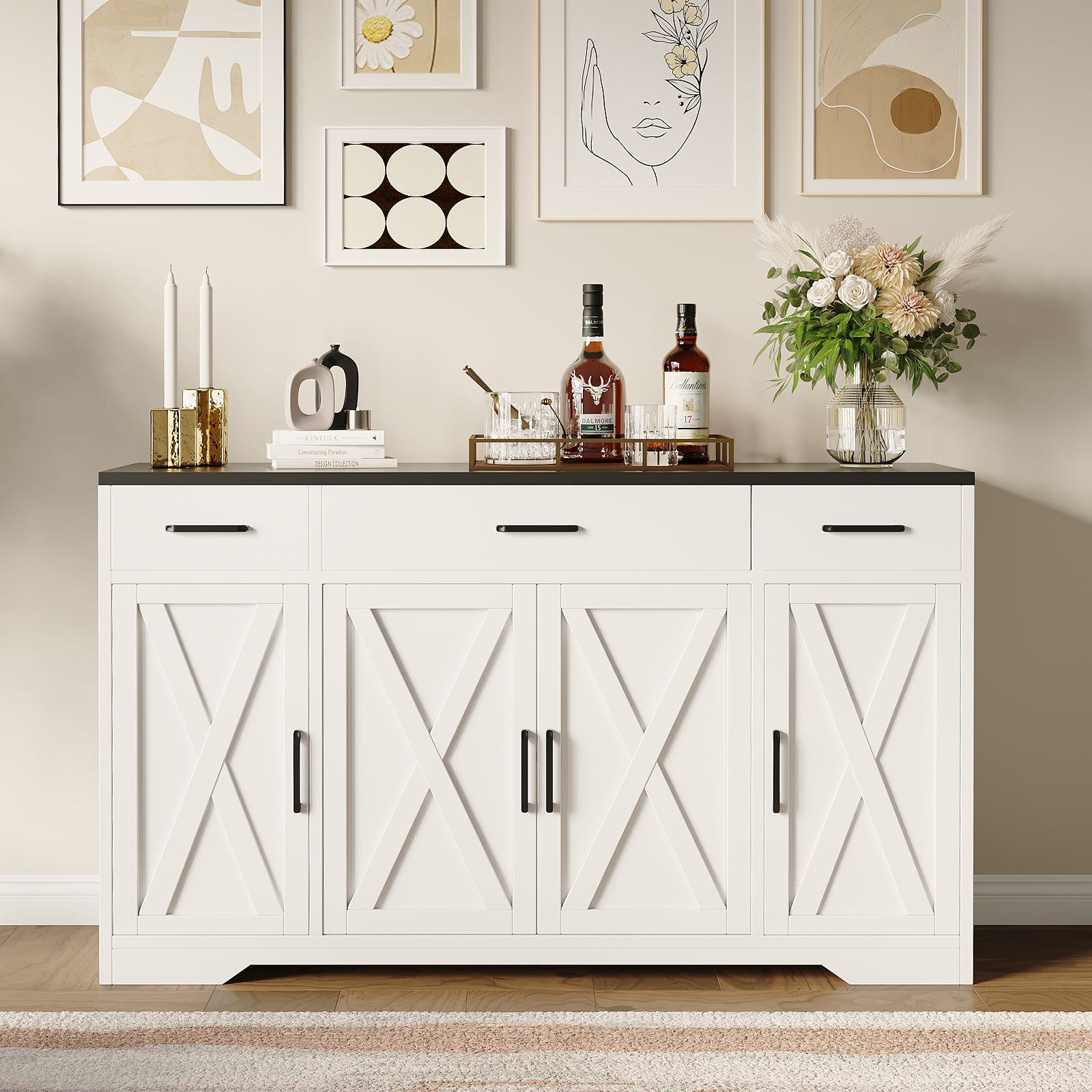 Buffet moderne Garvee avec 3 tiroirs pour salon et salle à manger, 140 cm, bois blanc, poignées noires