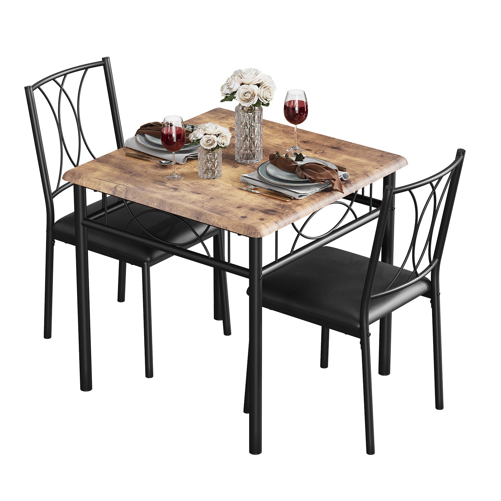 Ensemble table et chaises Garvee 3 pièces pour 2 personnes, marron rétro, structure en métal, chaises rembourrées, plateau en MDF, gain de place, idéal pour les petites pièces