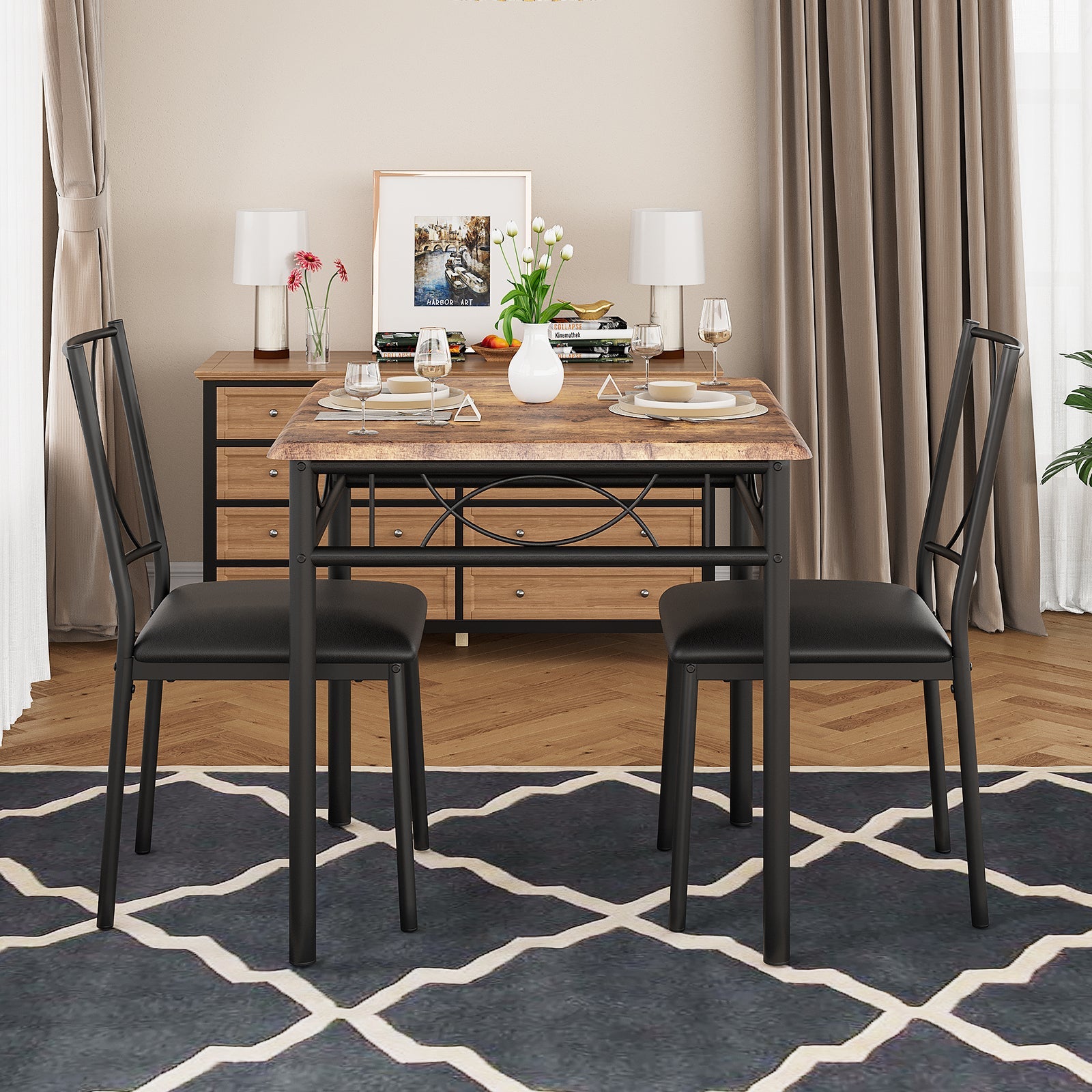Ensemble table et chaises Garvee 3 pièces pour 2 personnes, marron rétro, structure en métal, chaises rembourrées, plateau en MDF, gain de place, idéal pour les petites pièces