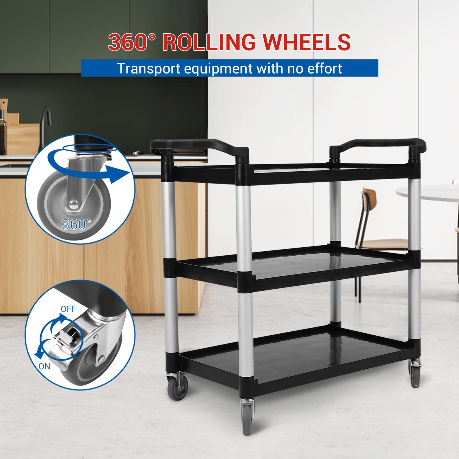 Chariot de service robuste à 3 niveaux Garvee avec serrure pour la restauration et le nettoyage, capacité de 163 kg, aluminium et plastique, 4 roues verrouillables