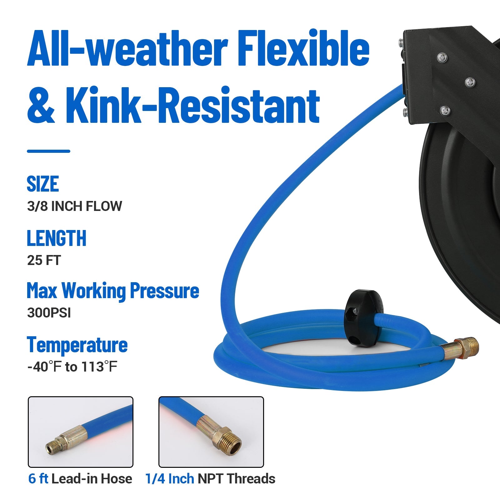 Enrouleur de tuyau d'air rétractable Garvee 3/8 po x 25 pi avec tuyau hybride robuste, rembobinage automatique, support pivotant à 180°, construction en acier pour atelier et industrie, robuste