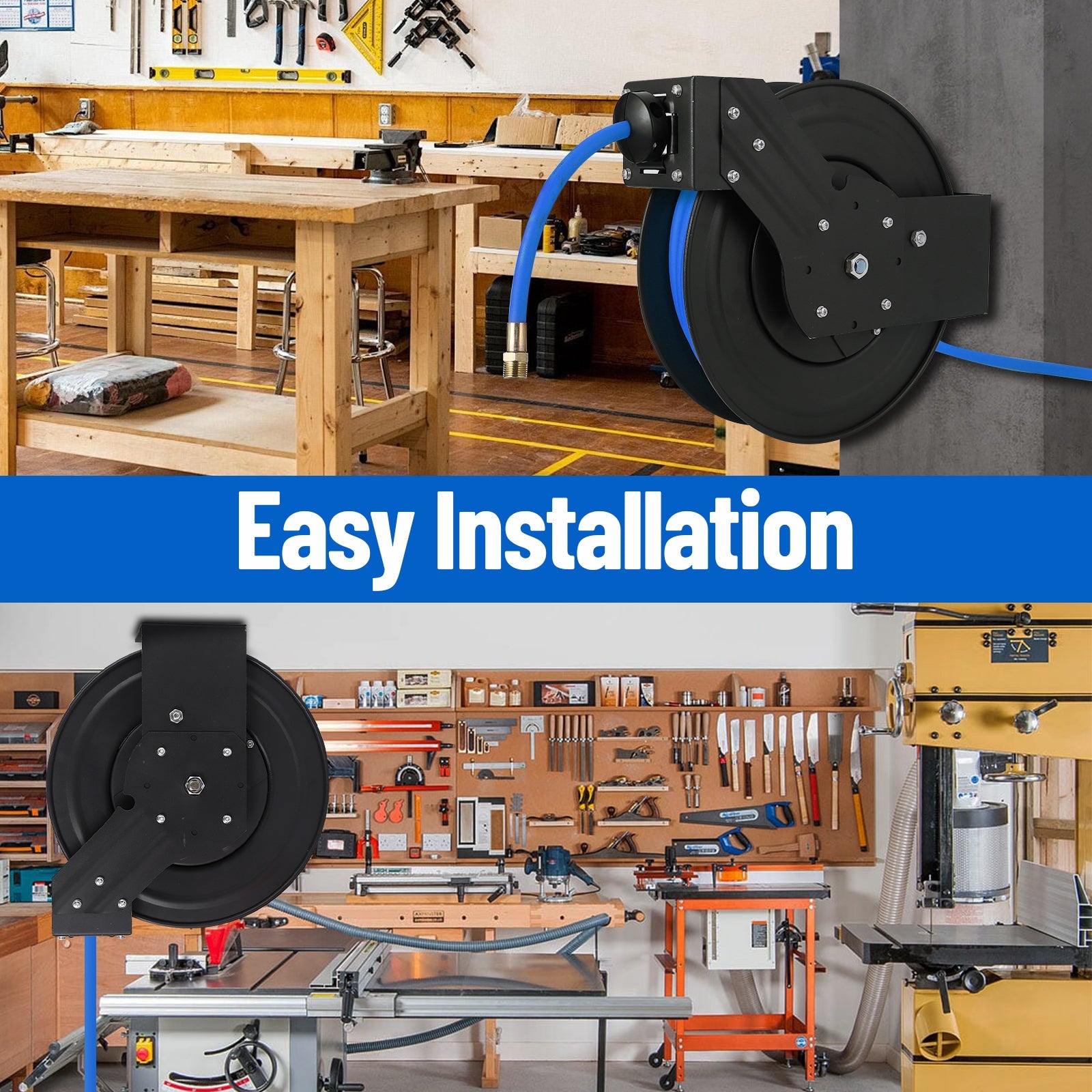 Enrouleur de tuyau d'air rétractable Garvee 3/8 po x 25 pi avec tuyau hybride robuste, rembobinage automatique, support pivotant à 180°, construction en acier pour atelier et industrie, robuste