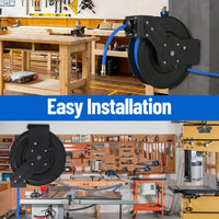 Enrouleur de tuyau d'air rétractable Garvee 3/8 po x 25 pi avec tuyau hybride robuste, rembobinage automatique, support pivotant à 180°, construction en acier pour atelier et industrie, robuste