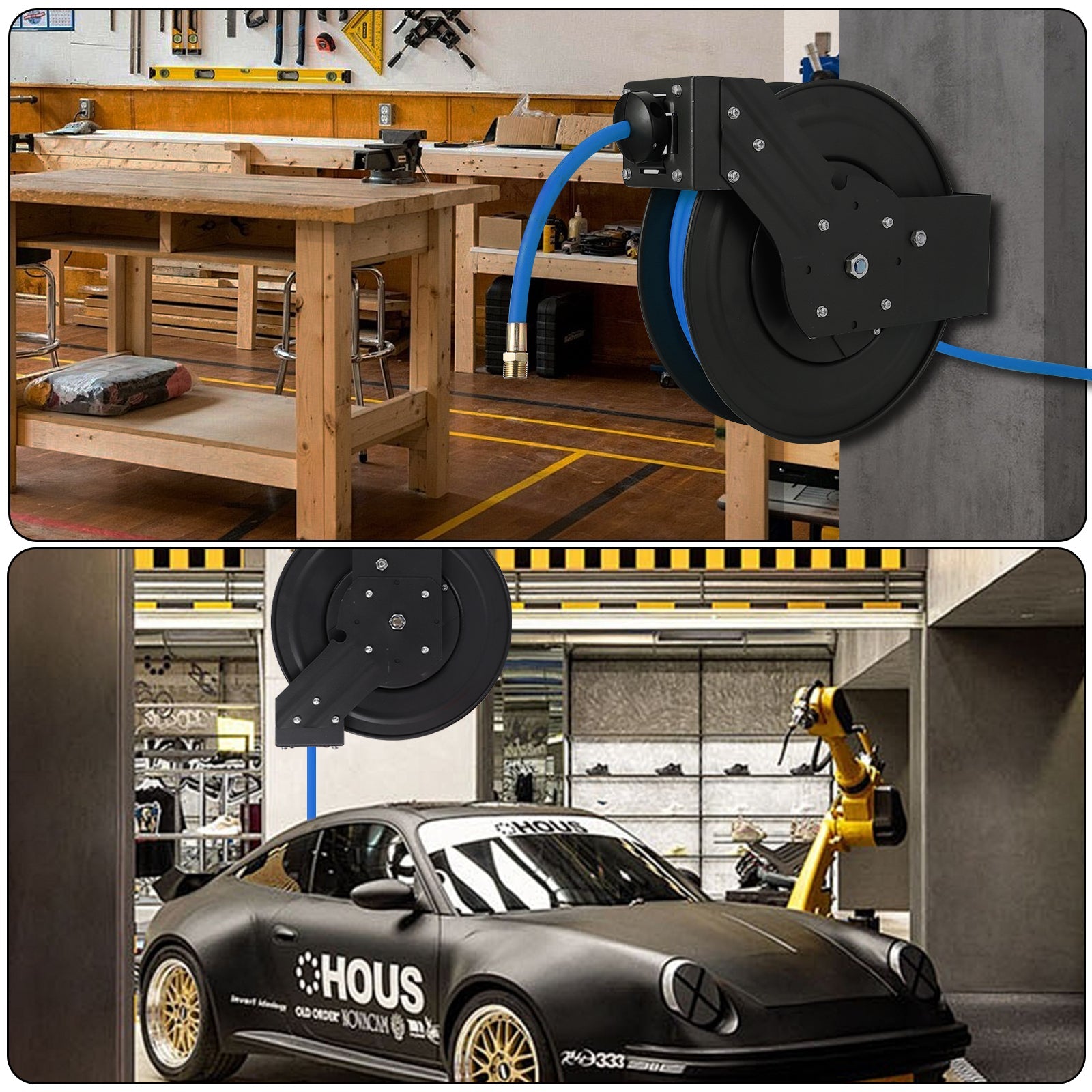 Enrouleur de tuyau d'air rétractable Garvee 3/8 po x 25 pi avec tuyau hybride robuste, rembobinage automatique, support pivotant à 180°, construction en acier pour atelier et industrie, robuste