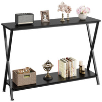 Table d'appoint Garvee, étroite et allongée, à 2 niveaux, style industriel, en MDF, bois et métal, en forme de X, stable, pieds réglables, idéale pour le salon ou l'entrée, noire.