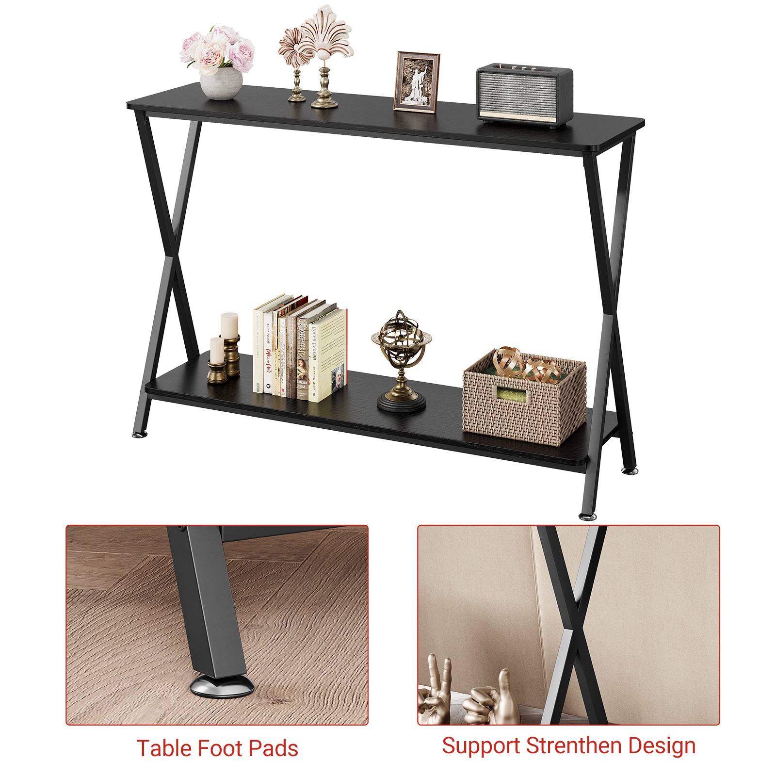 Table d'appoint Garvee, étroite et allongée, à 2 niveaux, style industriel, en MDF, bois et métal, en forme de X, stable, pieds réglables, idéale pour le salon ou l'entrée, noire.