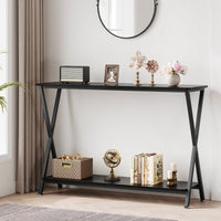 Table d'appoint Garvee, étroite et allongée, à 2 niveaux, style industriel, en MDF, bois et métal, en forme de X, stable, pieds réglables, idéale pour le salon ou l'entrée, noire.