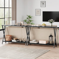 Table d'appoint Garvee, étroite et allongée, à 2 niveaux, style industriel, en MDF, bois et métal, en forme de X, stable, pieds réglables, idéale pour le salon ou l'entrée, noire.