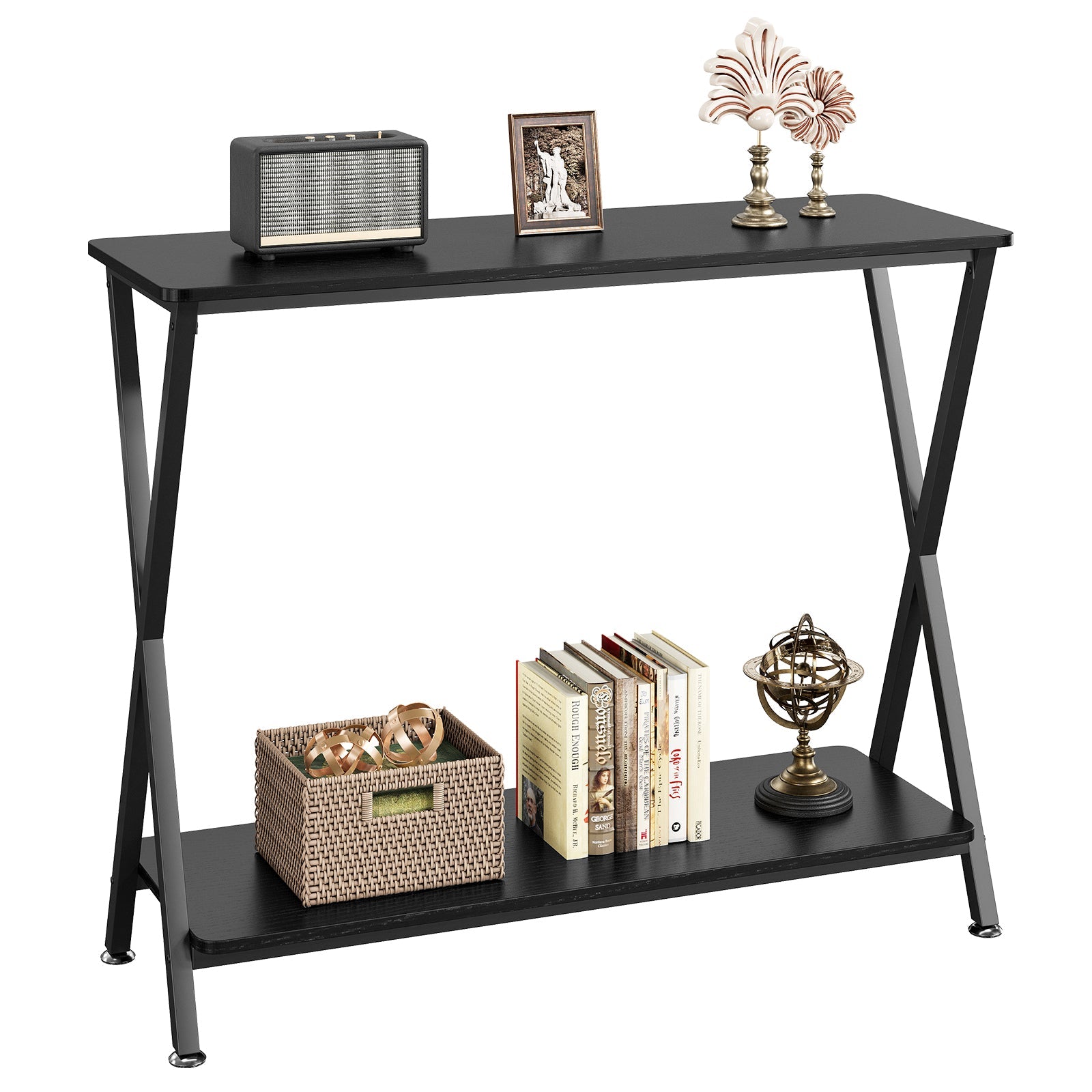 Table d'appoint Garvee, étroite et allongée, à 2 niveaux, style industriel, en MDF, bois et métal, robuste, en forme de X, réglable, idéale pour le salon ou l'entrée, noire.