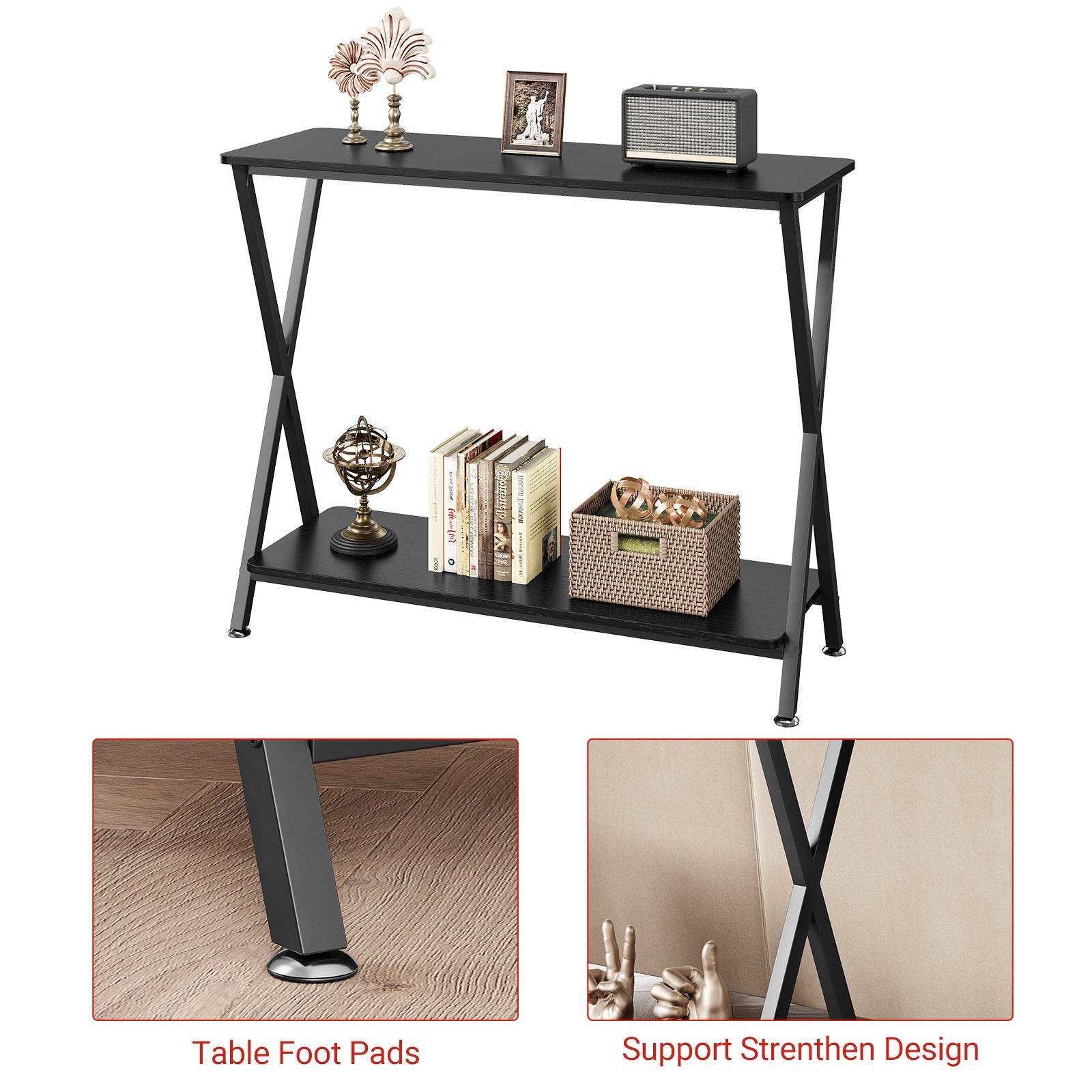 Table d'appoint Garvee, étroite et allongée, à 2 niveaux, style industriel, en MDF, bois et métal, robuste, en forme de X, réglable, idéale pour le salon ou l'entrée, noire.