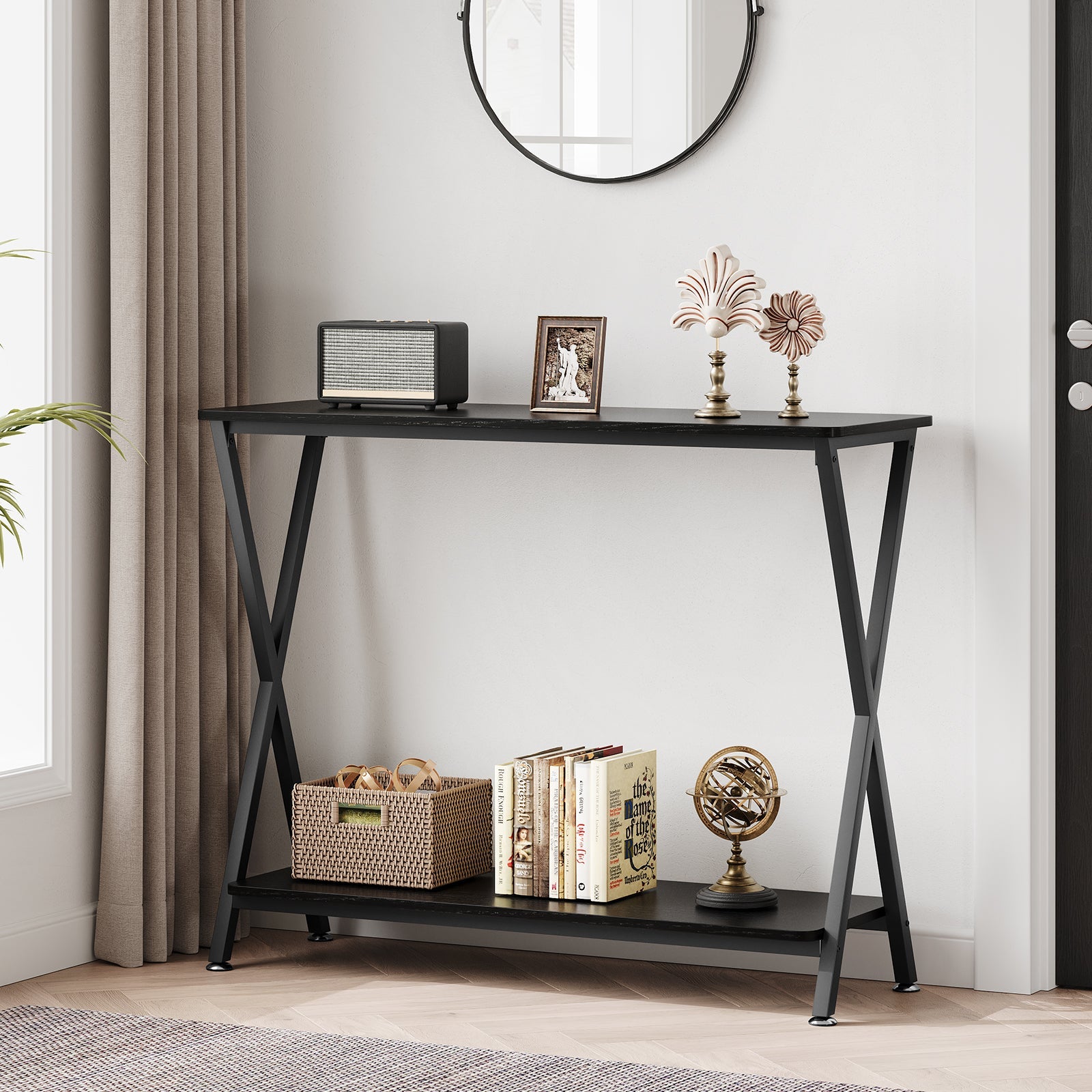 Table d'appoint Garvee, étroite et allongée, à 2 niveaux, style industriel, en MDF, bois et métal, robuste, en forme de X, réglable, idéale pour le salon ou l'entrée, noire.