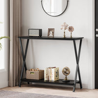 Table d'appoint Garvee, étroite et allongée, à 2 niveaux, style industriel, en MDF, bois et métal, robuste, en forme de X, réglable, idéale pour le salon ou l'entrée, noire.