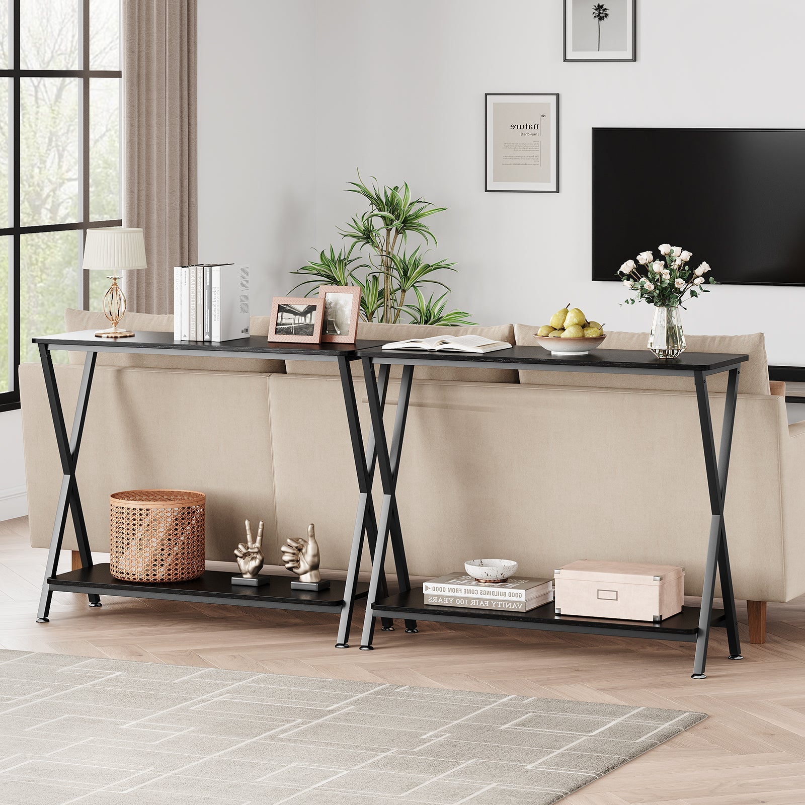 Table d'appoint Garvee, étroite et allongée, à 2 niveaux, style industriel, en MDF, bois et métal, robuste, en forme de X, réglable, idéale pour le salon ou l'entrée, noire.