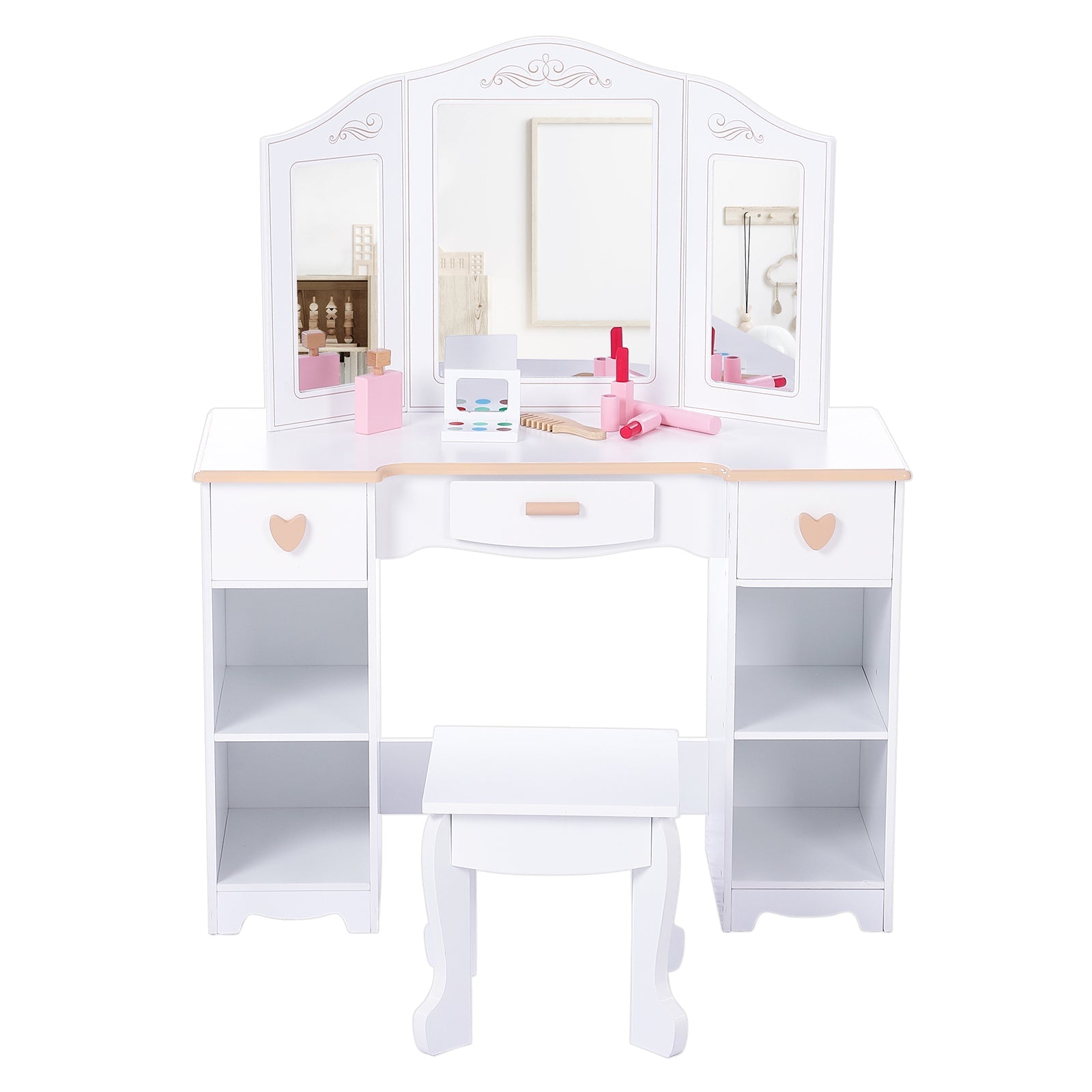 Coiffeuse Garvee pour enfants avec miroir à trois compartiments, rangement et bords arrondis, en MDF blanc, pour filles de 3 à 9 ans, salon et chambre