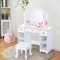 Coiffeuse Garvee pour enfants avec miroir à trois compartiments, rangement et bords arrondis, en MDF blanc, pour filles de 3 à 9 ans, salon et chambre
