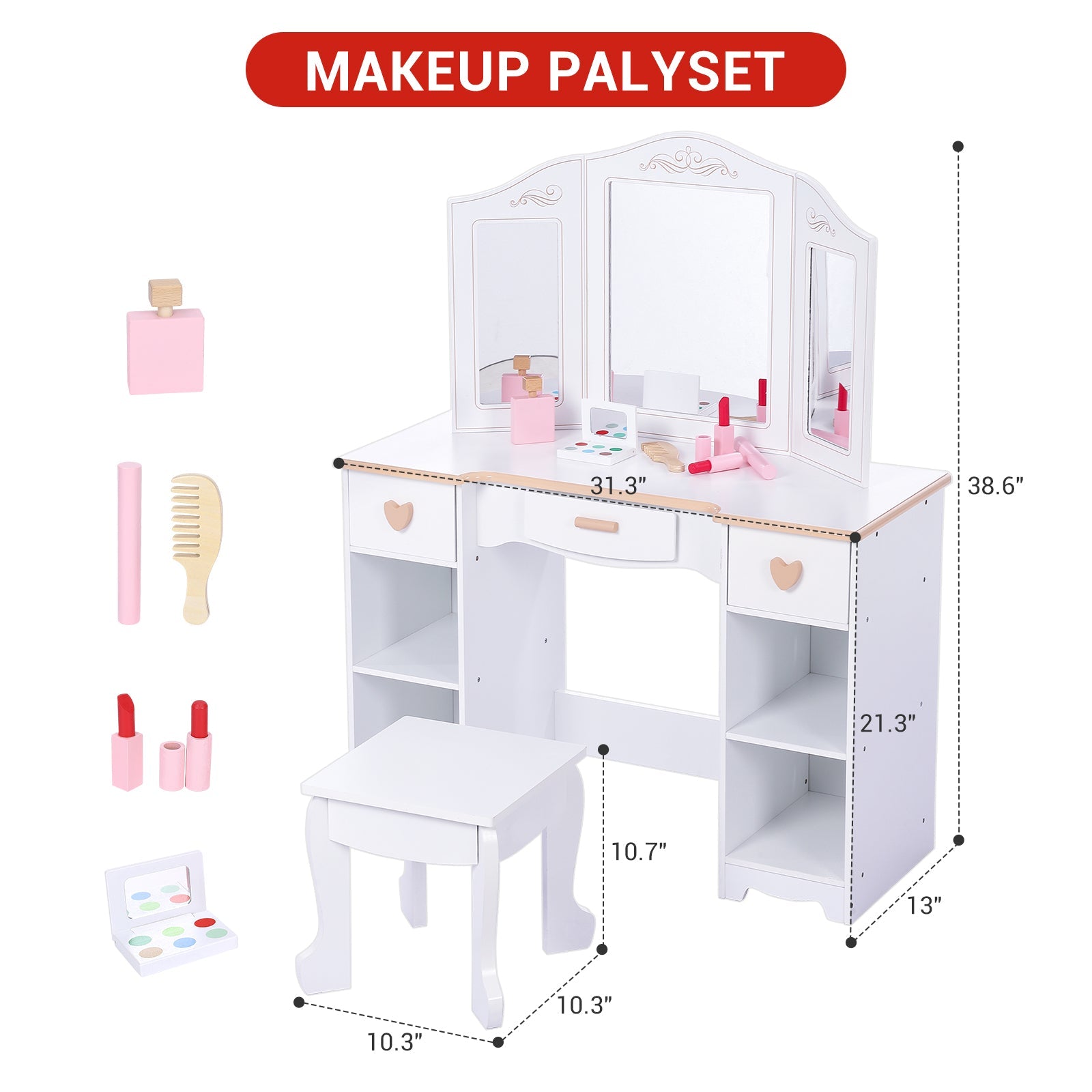Coiffeuse Garvee pour enfants avec miroir à trois compartiments, rangement et bords arrondis, en MDF blanc, pour filles de 3 à 9 ans, salon et chambre