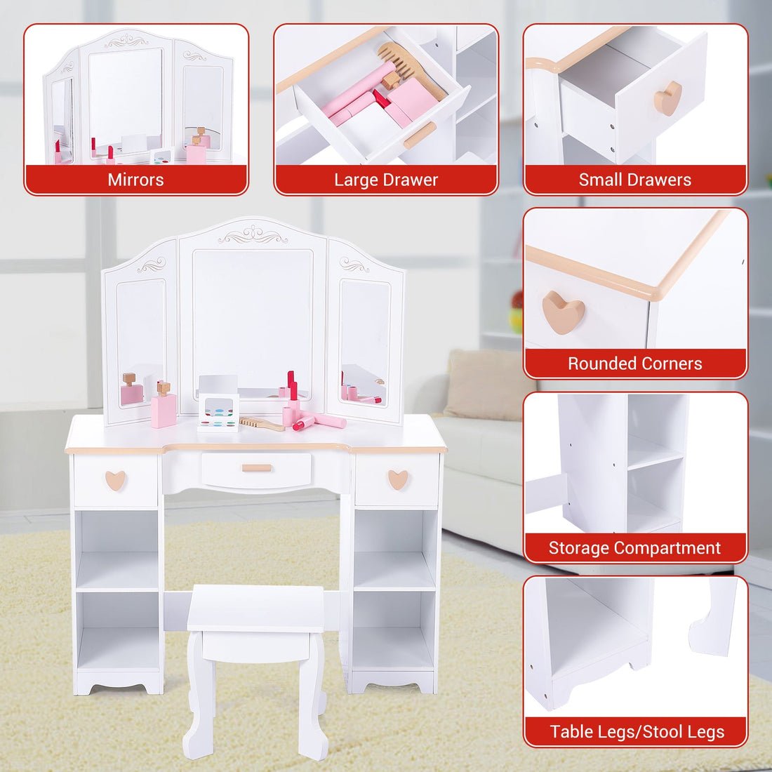 Coiffeuse Garvee pour enfants avec miroir à trois compartiments, rangement et bords arrondis, en MDF blanc, pour filles de 3 à 9 ans, salon et chambre