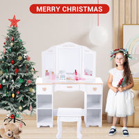 Coiffeuse Garvee pour enfants avec miroir à trois compartiments, rangement et bords arrondis, en MDF blanc, pour filles de 3 à 9 ans, salon et chambre