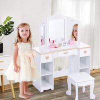 Coiffeuse Garvee pour enfants avec miroir à trois compartiments, rangement et bords arrondis, en MDF blanc, pour filles de 3 à 9 ans, salon et chambre