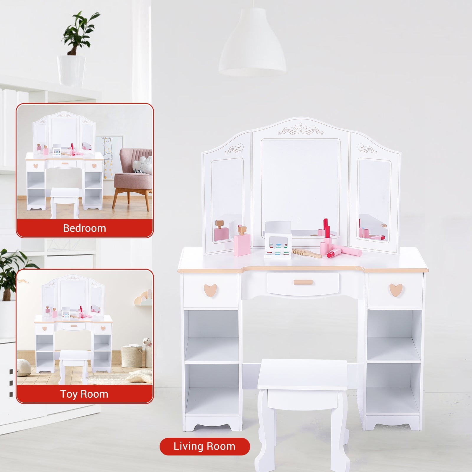 Coiffeuse Garvee pour enfants avec miroir à trois compartiments, rangement et bords arrondis, en MDF blanc, pour filles de 3 à 9 ans, salon et chambre