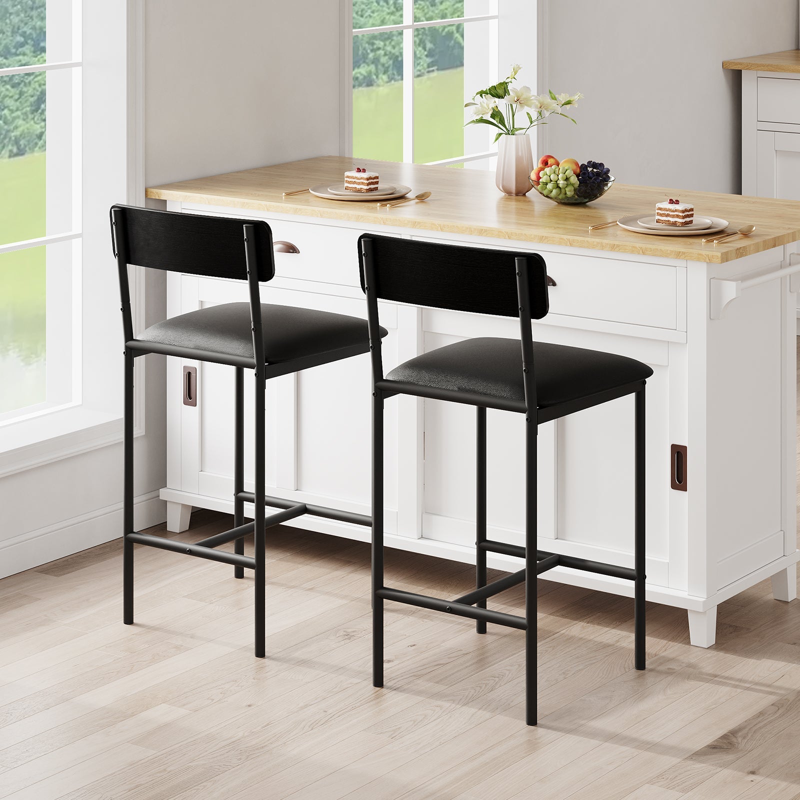 GARVEE Lot de 2 tabourets de bar avec dossier rembourré et repose-pieds, pour cuisine salon salle à manger, 36,8 x 42 x 88 cm, noir
