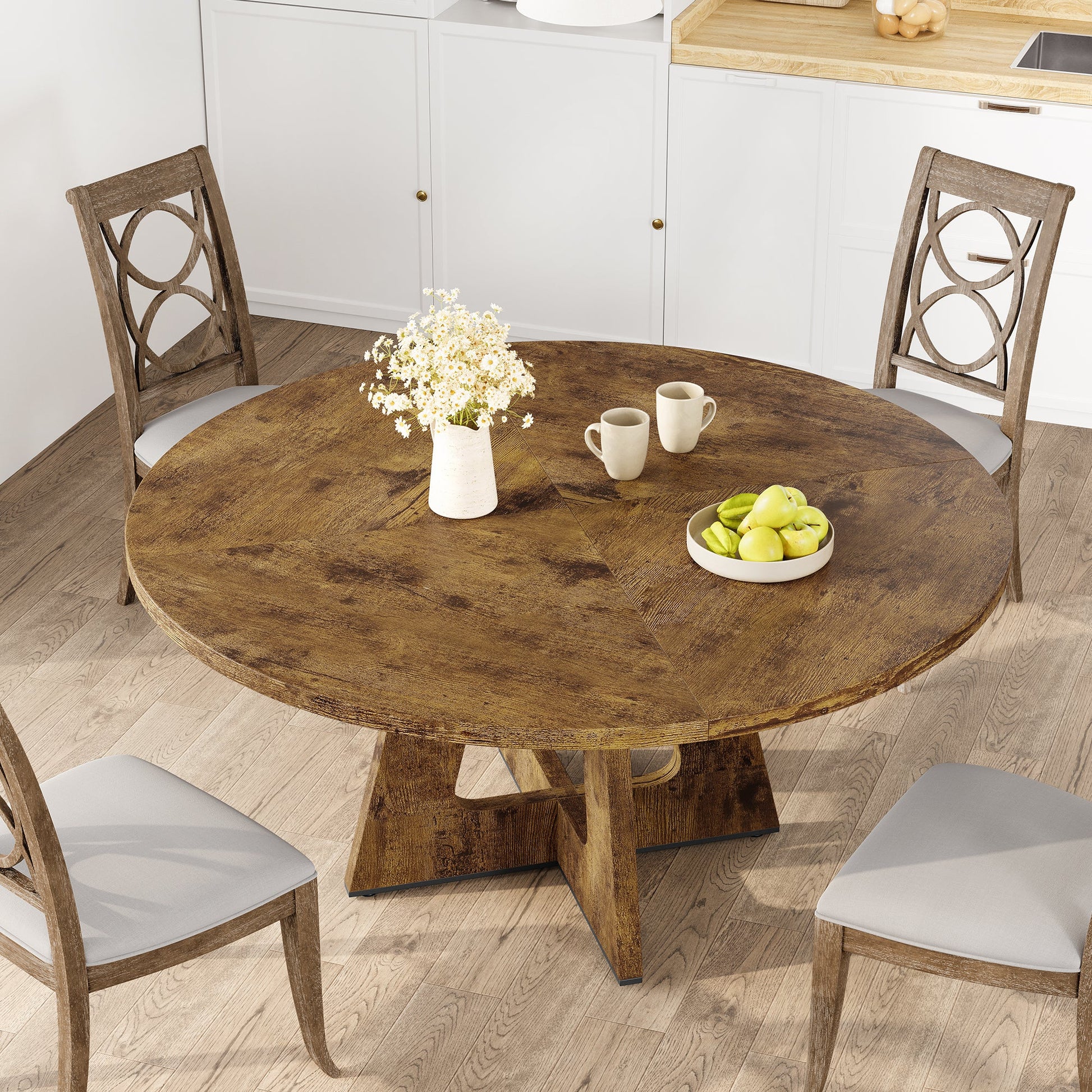 Ensemble table et salle à manger ronde Garvee 47 po pour 4 à 6 personnes, style campagnard, plateau en MDF robuste, pieds antidérapants réglables, bois, cuisine et salle à manger