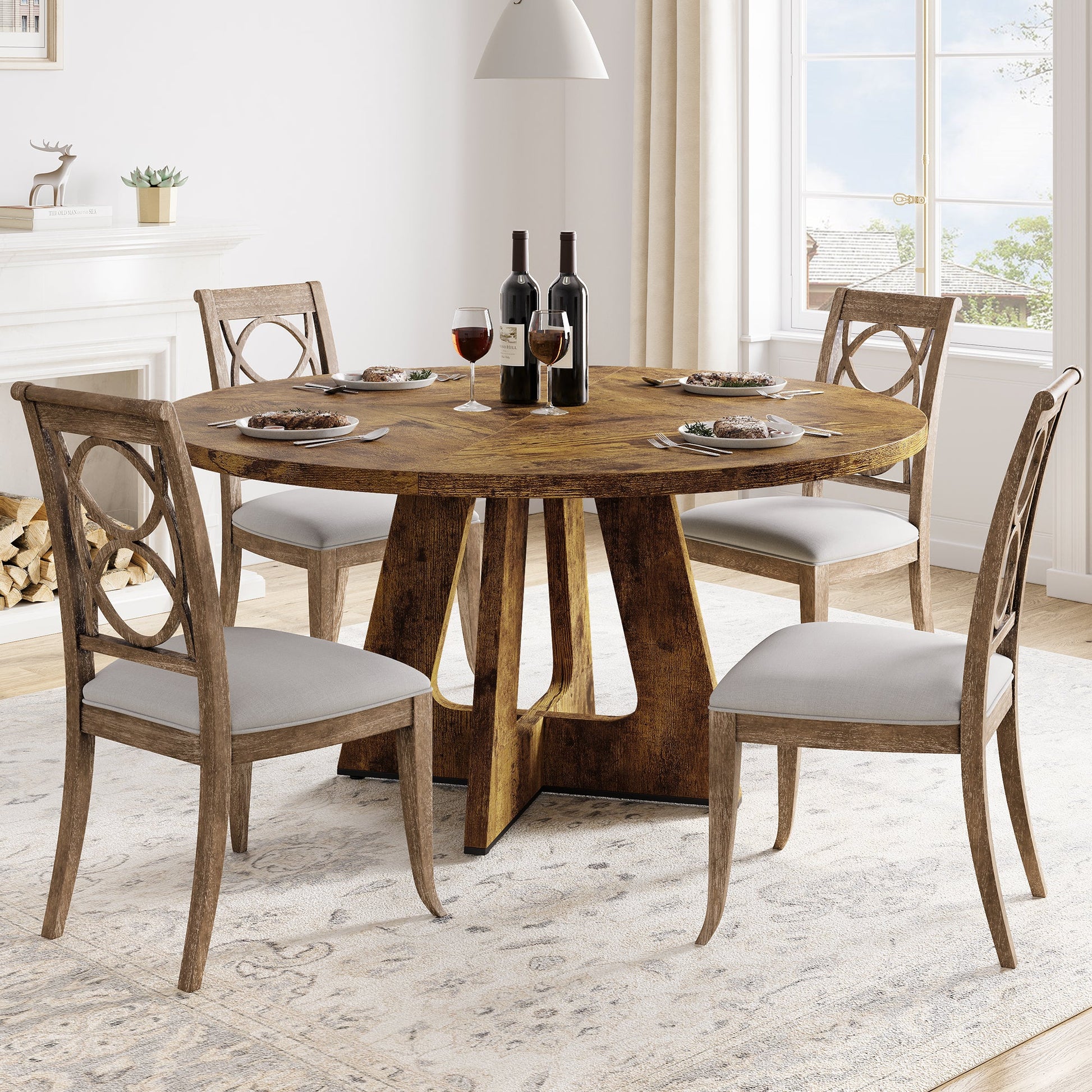 Ensemble table et salle à manger ronde Garvee 47 po pour 4 à 6 personnes, style campagnard, plateau en MDF robuste, pieds antidérapants réglables, bois, cuisine et salle à manger