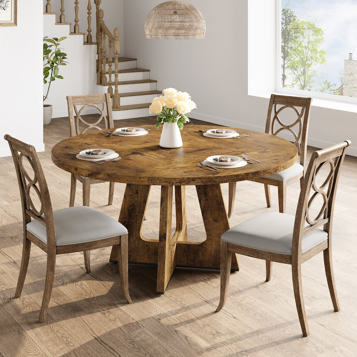Ensemble table et salle à manger ronde Garvee 47 po pour 4 à 6 personnes, style campagnard, plateau en MDF robuste, pieds antidérapants réglables, bois, cuisine et salle à manger