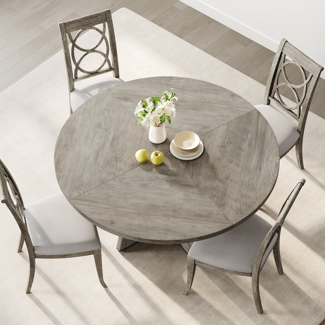 Ensemble table et chaises de salle à manger rondes Garvee 47 po pour 4 à 6 personnes, style campagnard, plateau robuste en MDF, pieds en bois, pieds antidérapants réglables, gris, salle à manger et cuisine