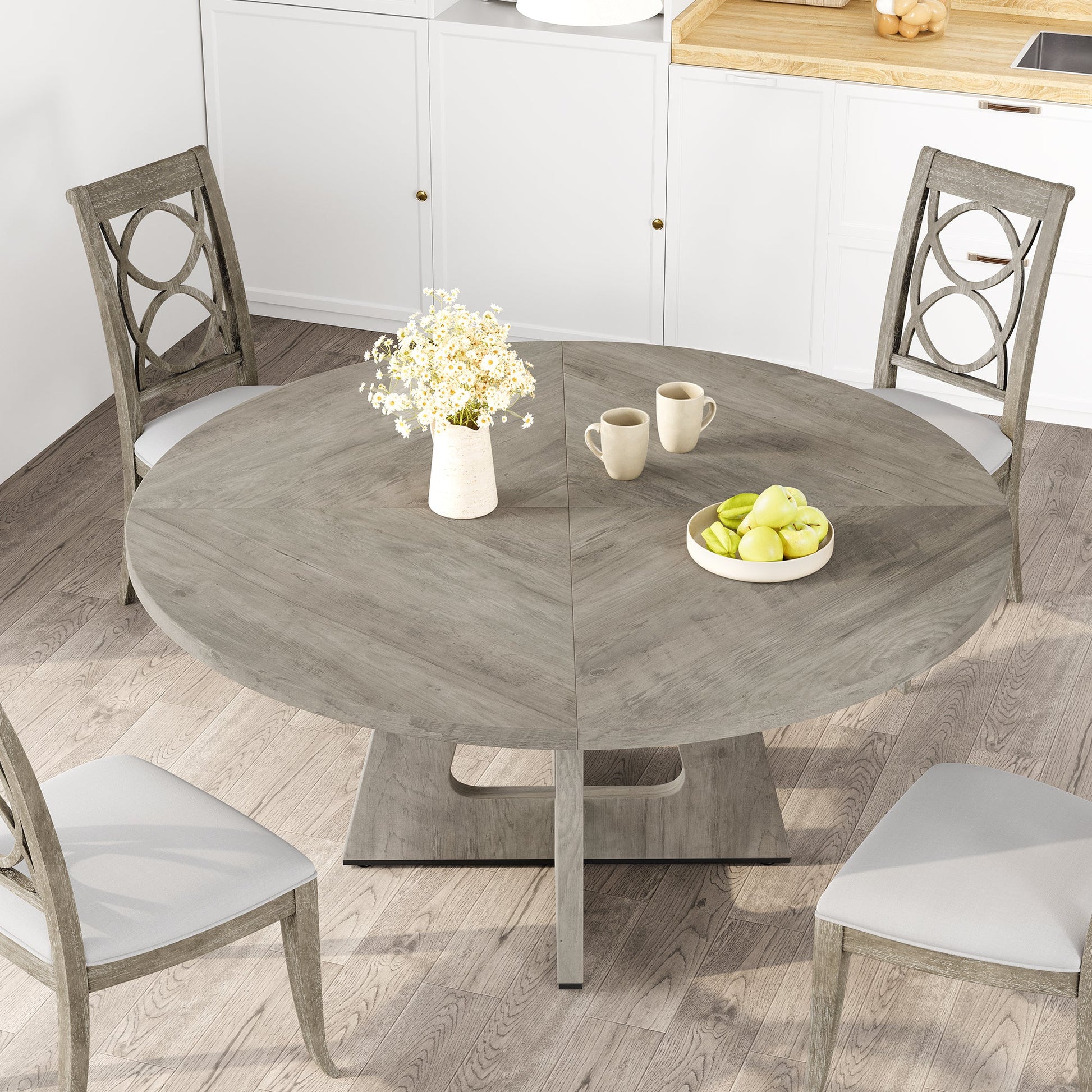 Ensemble table et chaises de salle à manger rondes Garvee 47 po pour 4 à 6 personnes, style campagnard, plateau robuste en MDF, pieds en bois, pieds antidérapants réglables, gris, salle à manger et cuisine
