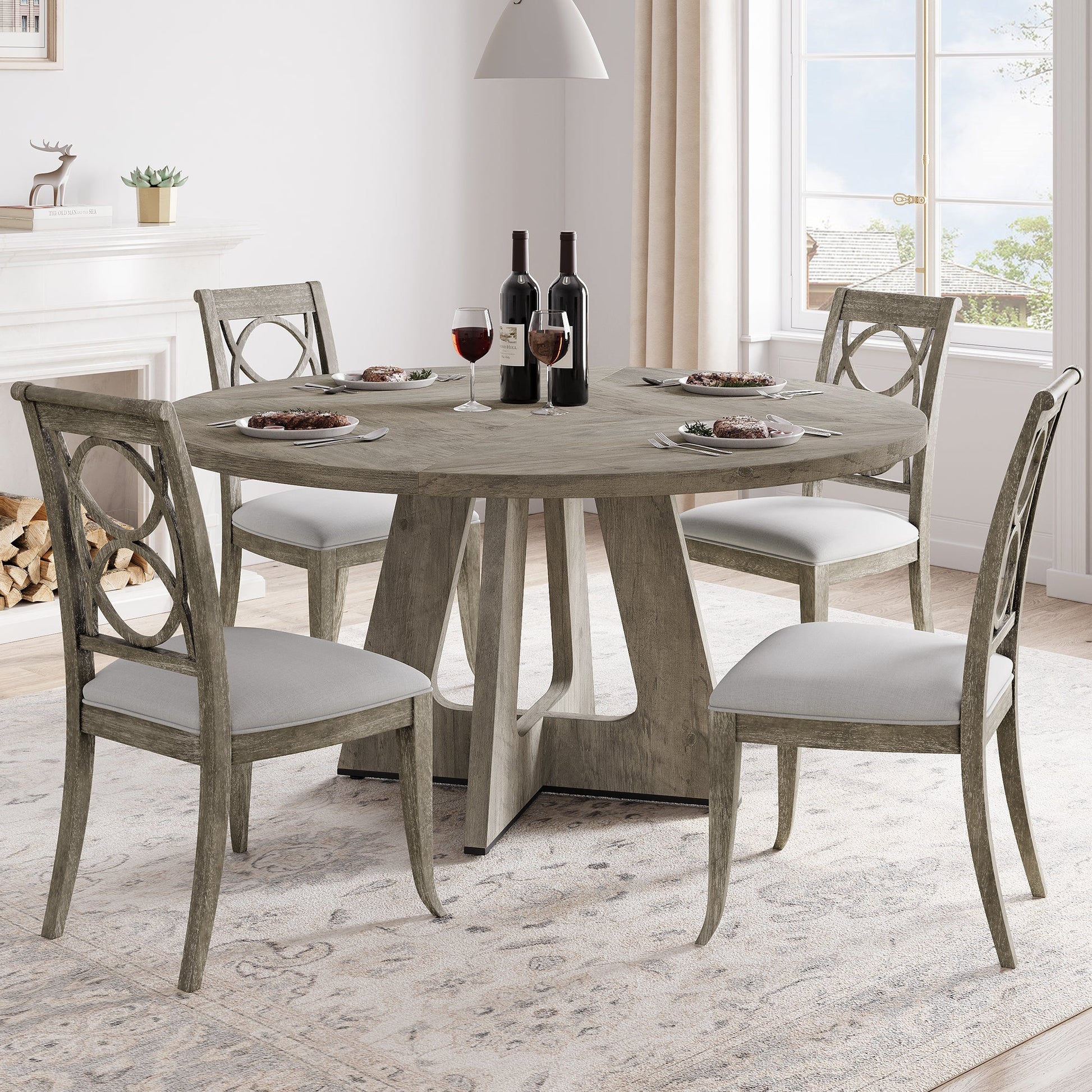 Ensemble table et chaises de salle à manger rondes Garvee 47 po pour 4 à 6 personnes, style campagnard, plateau robuste en MDF, pieds en bois, pieds antidérapants réglables, gris, salle à manger et cuisine