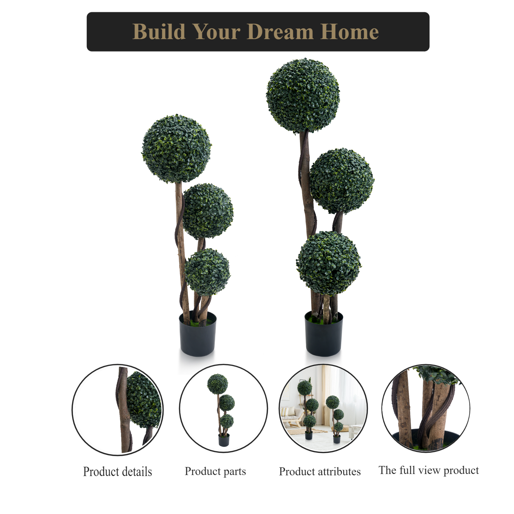Topiaire de buis artificiel Garvee, 89 cm, trois boules, en plastique résistant aux intempéries, vert, pour jardin et terrasse.