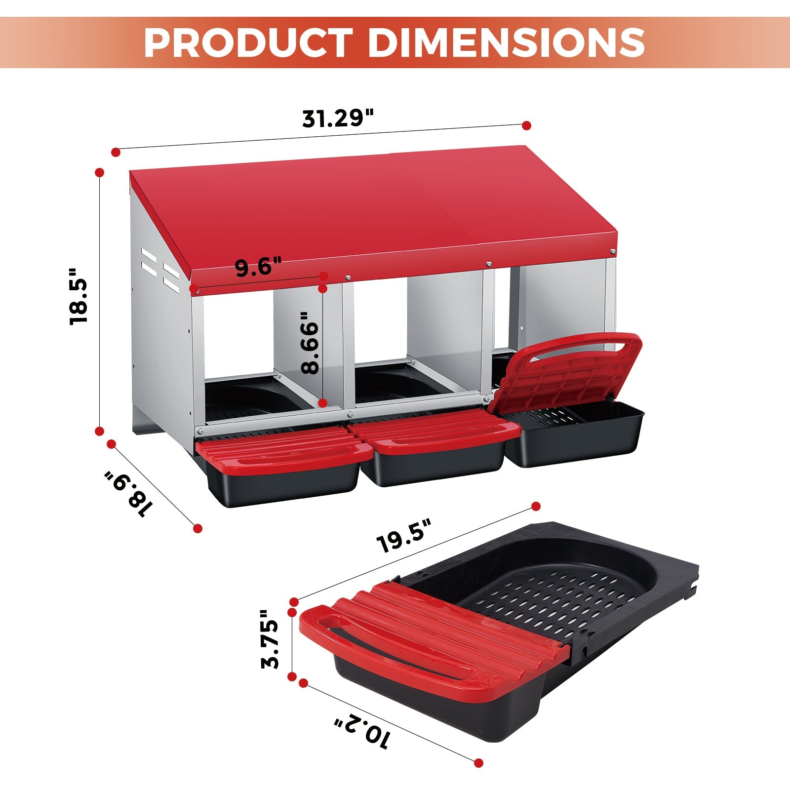 Nichoir Garvee pour poules, 3 compartiments, en métal, sans support, 80 x 50 x 47,5 cm, pour 3 à 6 poules, rouge.