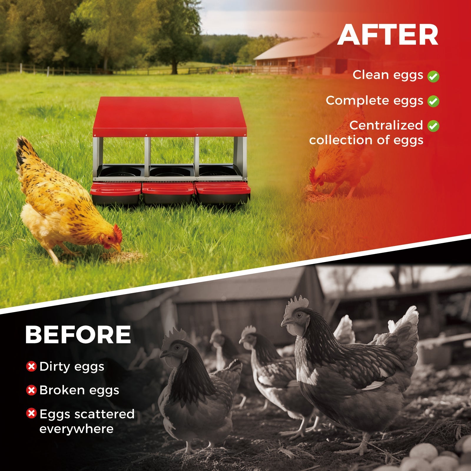 Nichoir Garvee pour poules, 3 compartiments, en métal, sans support, 80 x 50 x 47,5 cm, pour 3 à 6 poules, rouge.