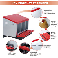 Nichoir Garvee pour poules, 3 compartiments, en métal, sans support, 80 x 50 x 47,5 cm, pour 3 à 6 poules, rouge.
