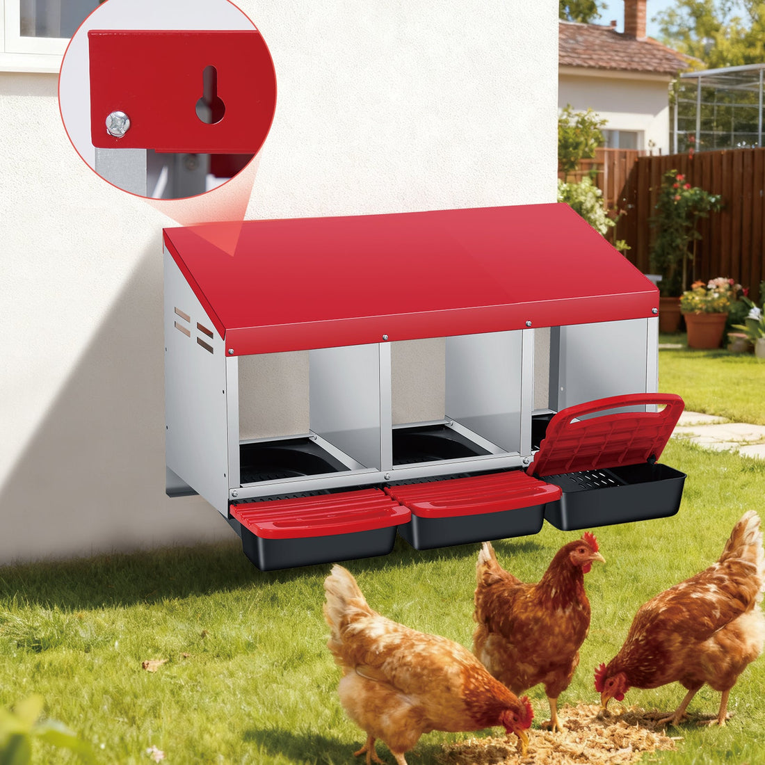 Garvee Nichoir pour poules, 3 compartiments, en métal, sans support, 80 x 50 x 47,5cm, pour 3 à 6 poules, rouge.