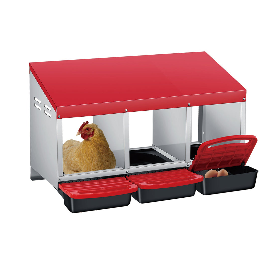 Garvee Nichoir pour poules, 3 compartiments, en métal, sans support, 80 × 50 × 47,5 cm, pour 3 à 6 poules, rouge.