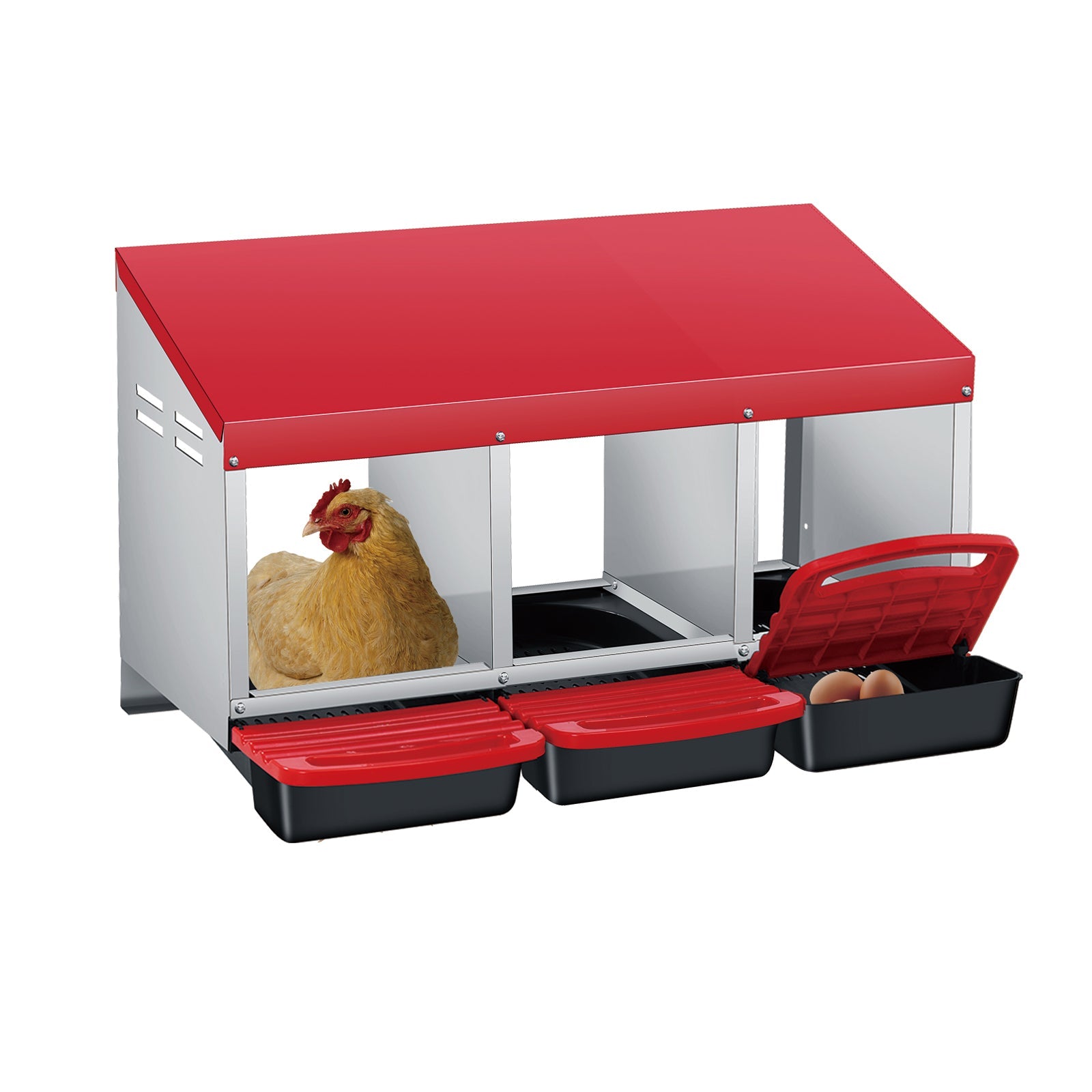 Nichoir Garvee pour poules, 3 compartiments, en métal, sans support, 80 x 50 x 47,5 cm, pour 3 à 6 poules, rouge.