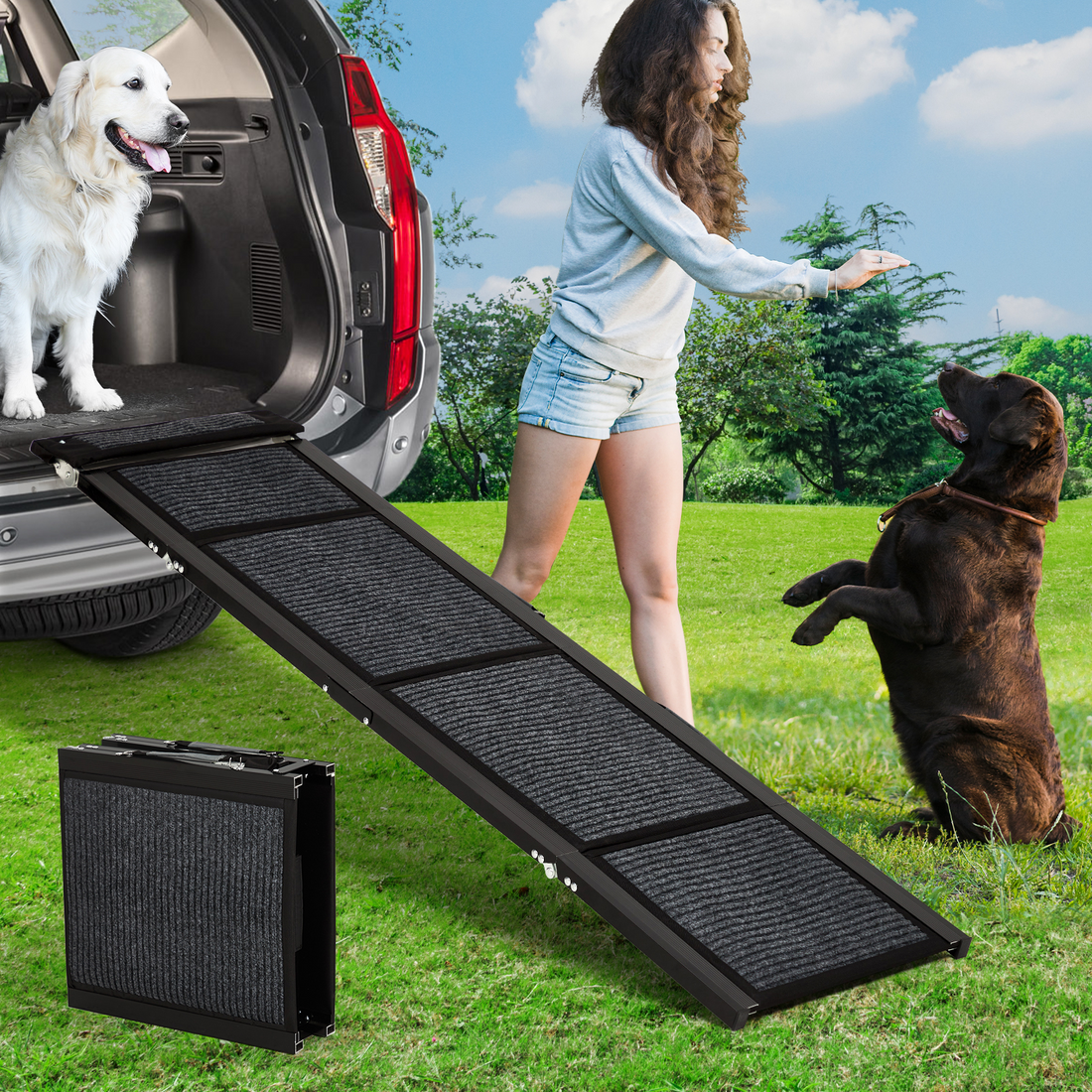 Garvee Rampe pour Chien Pliable 4 Plis en Aluminium 1,3mm, Tissu Non Tissé Antidérapant, grand, Charge 113,4kg, pour Canapé, Maison et Voiture, 160x43