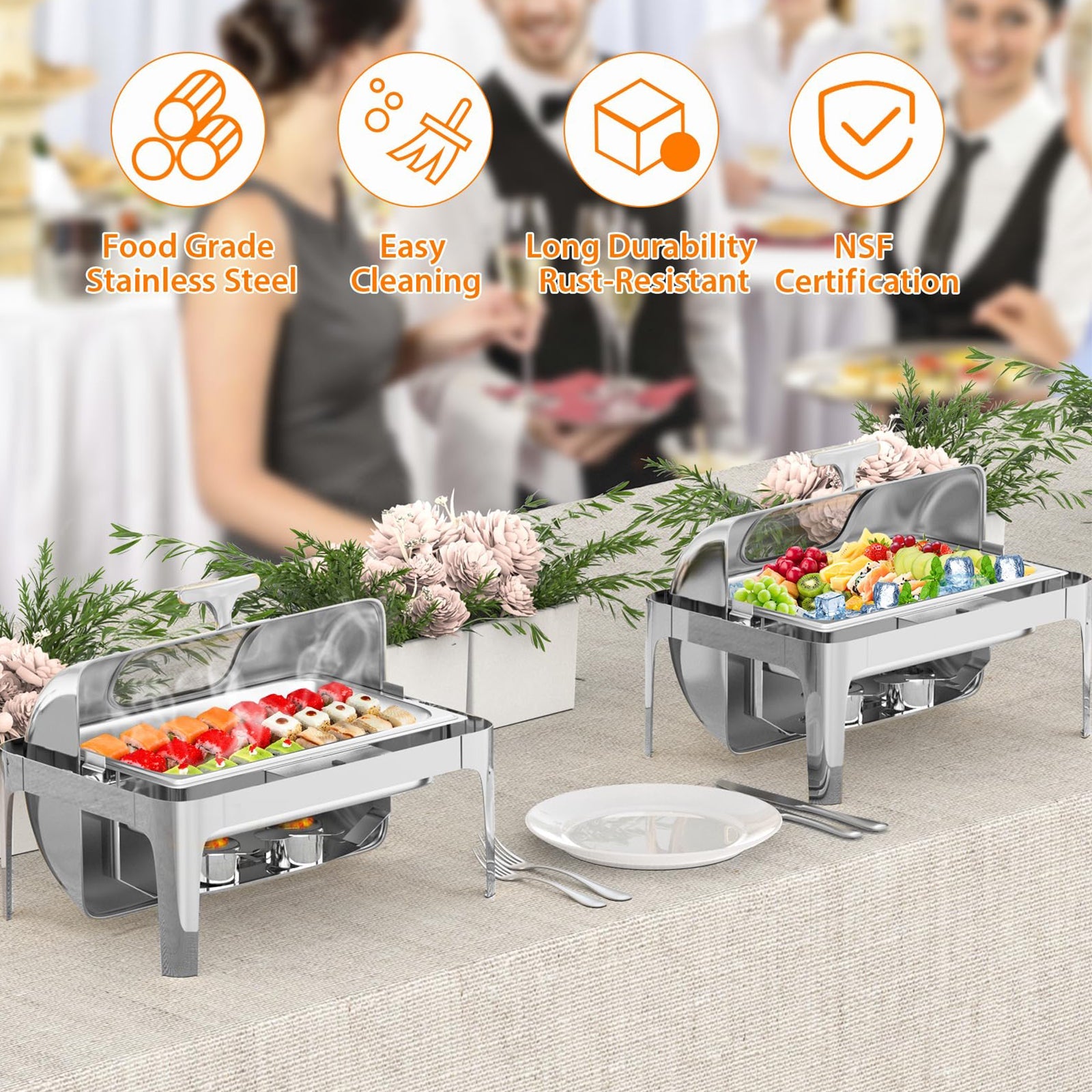 Chafing dish Garvee 9 Qt à couvercle roulant avec fenêtre en verre, chauffe-plats en acier inoxydable pour buffets et traiteurs, maintient les aliments au chaud ou au froid.