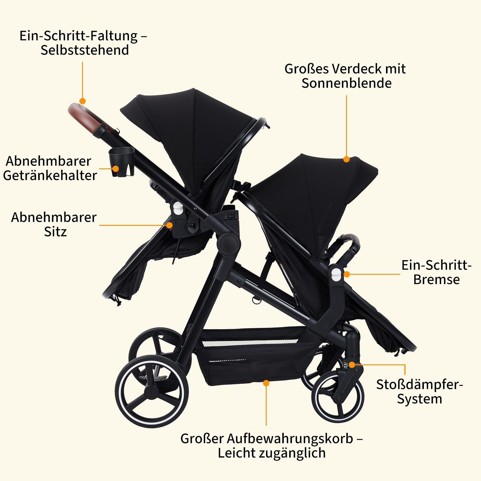 Poussette double Garvee avec châssis en aluminium, légère et pliable – Idéale pour les jumeaux en voyage
