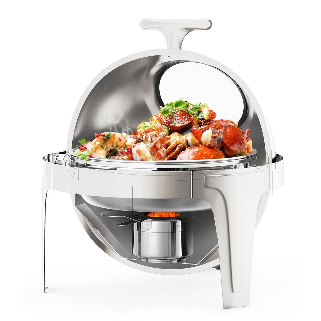 Chafing dish Garvee à couvercle roulant, 6,3 L, en acier inoxydable avec fenêtre en verre, ouverture à 90/180° et poignée en T. Idéal pour les fêtes, banquets, buffets et hôtels.