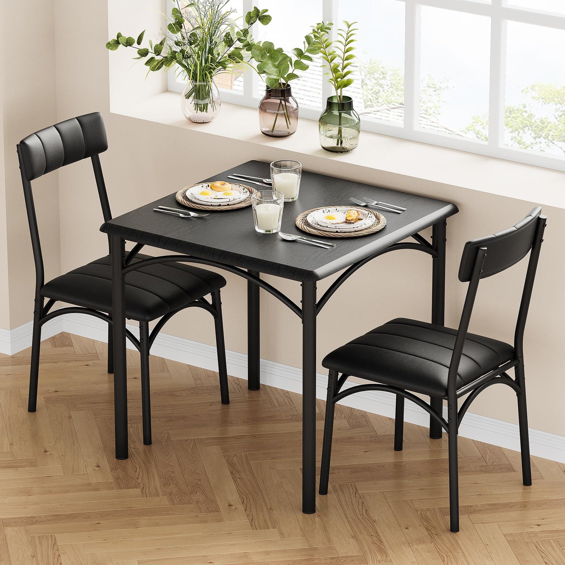 Ensemble table et chaises Garvee 3 pièces pour 2 personnes, marron rétro, structure en métal, chaises rembourrées, plateau en MDF, gain de place, idéal pour les petites pièces