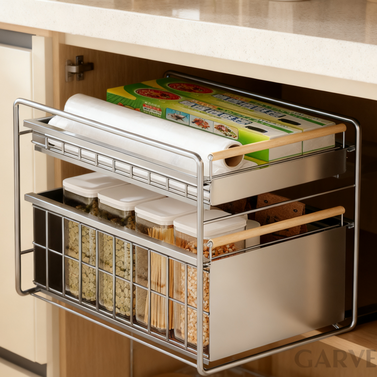 Garvee organiseur de tiroir à 2 niveaux, 39 × 28 × 40 cm, argent, système de rangement gain de place pour la cuisine et la salle de bain