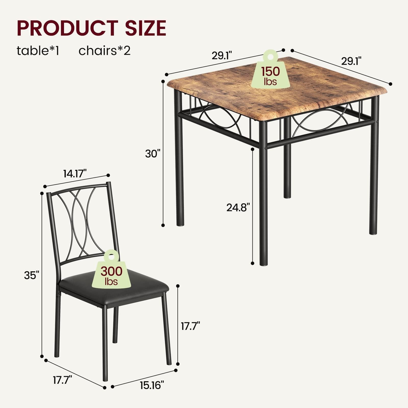 Ensemble table et chaises Garvee 3 pièces pour 2 personnes, marron rétro, structure en métal, chaises rembourrées, plateau en MDF, gain de place, idéal pour les petites pièces